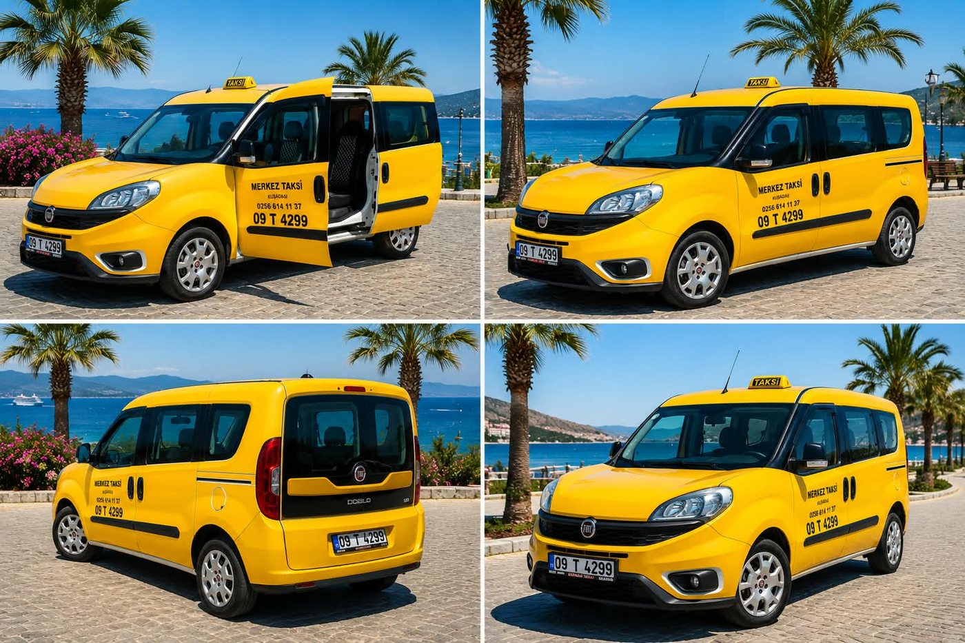 Four views of the yellow Fiat Doblo taxi