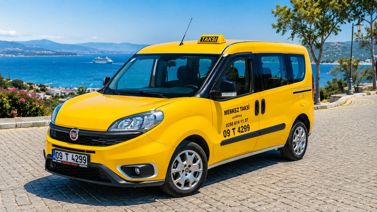Yellow Fiat Doblo taxi of the Kuşadası Merkez Taksi stand