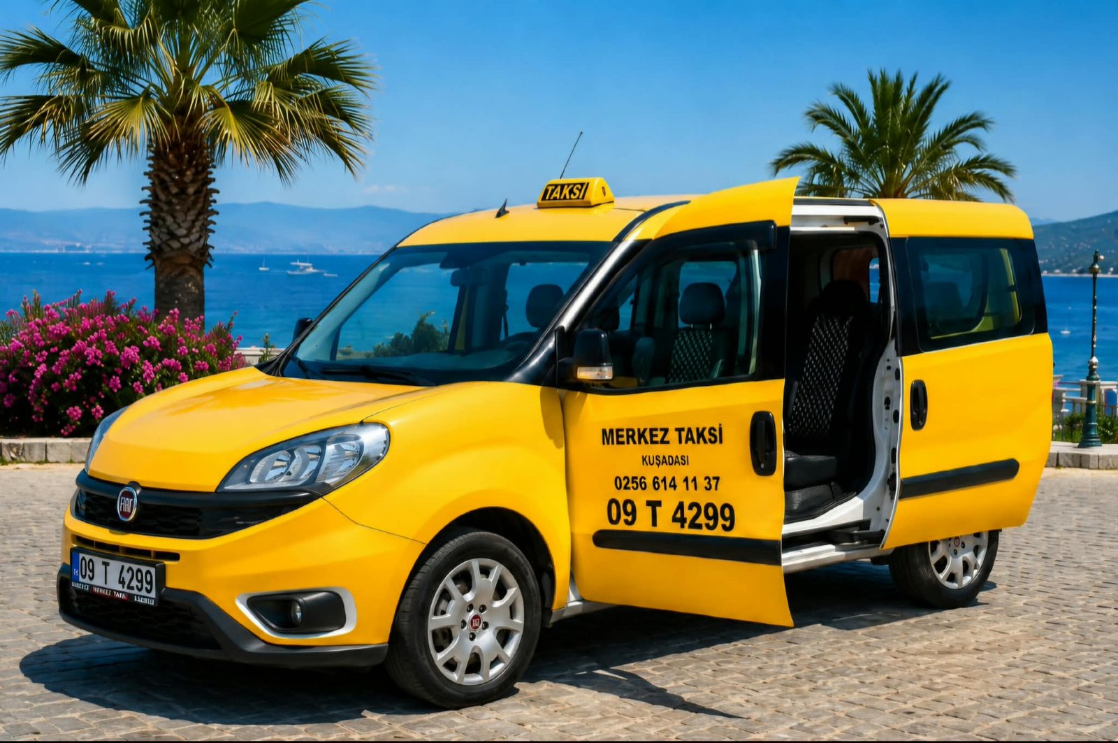 Yellow Fiat Doblo taxi with its sliding side door open